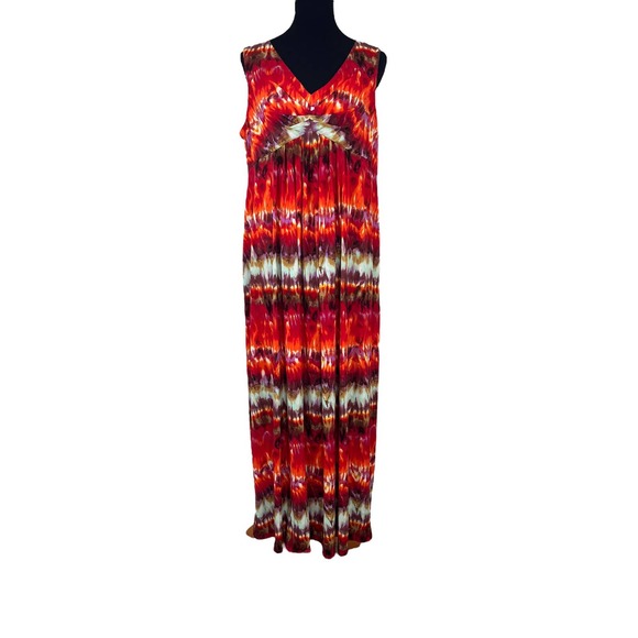 Chico's Red Orange Maxi Dress Tie-dye Watercolor Sleeveless Sundress Size XLarge - Picture 2 of 7